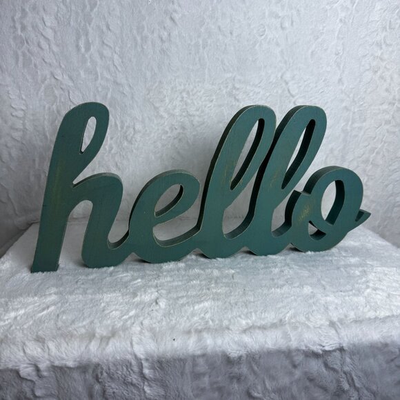 Wooden "Hello" Sign Teal Distressed Finish Wall Decor Chunky Country Rustic - Picture 5 of 7